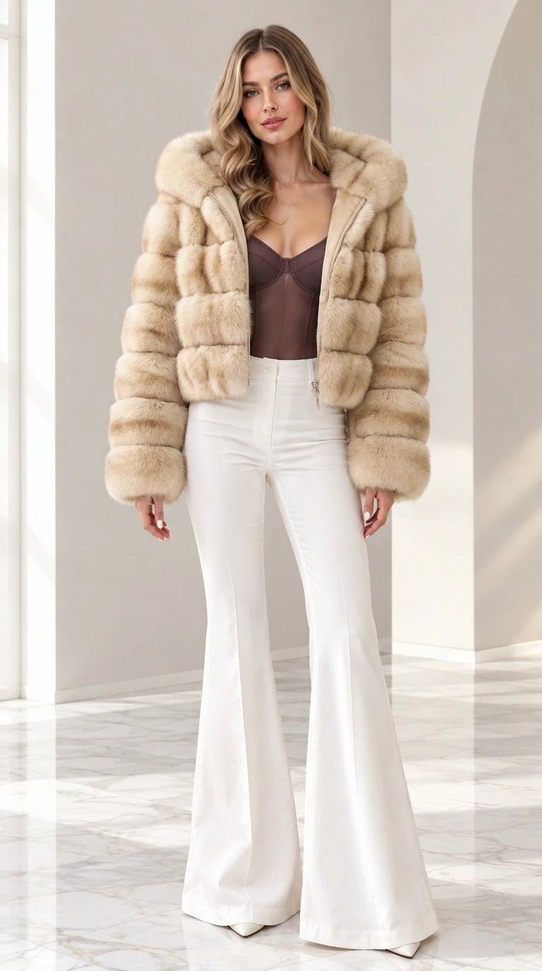 Model wearing beige champagne cropped hooded faux fur jacket with white pants