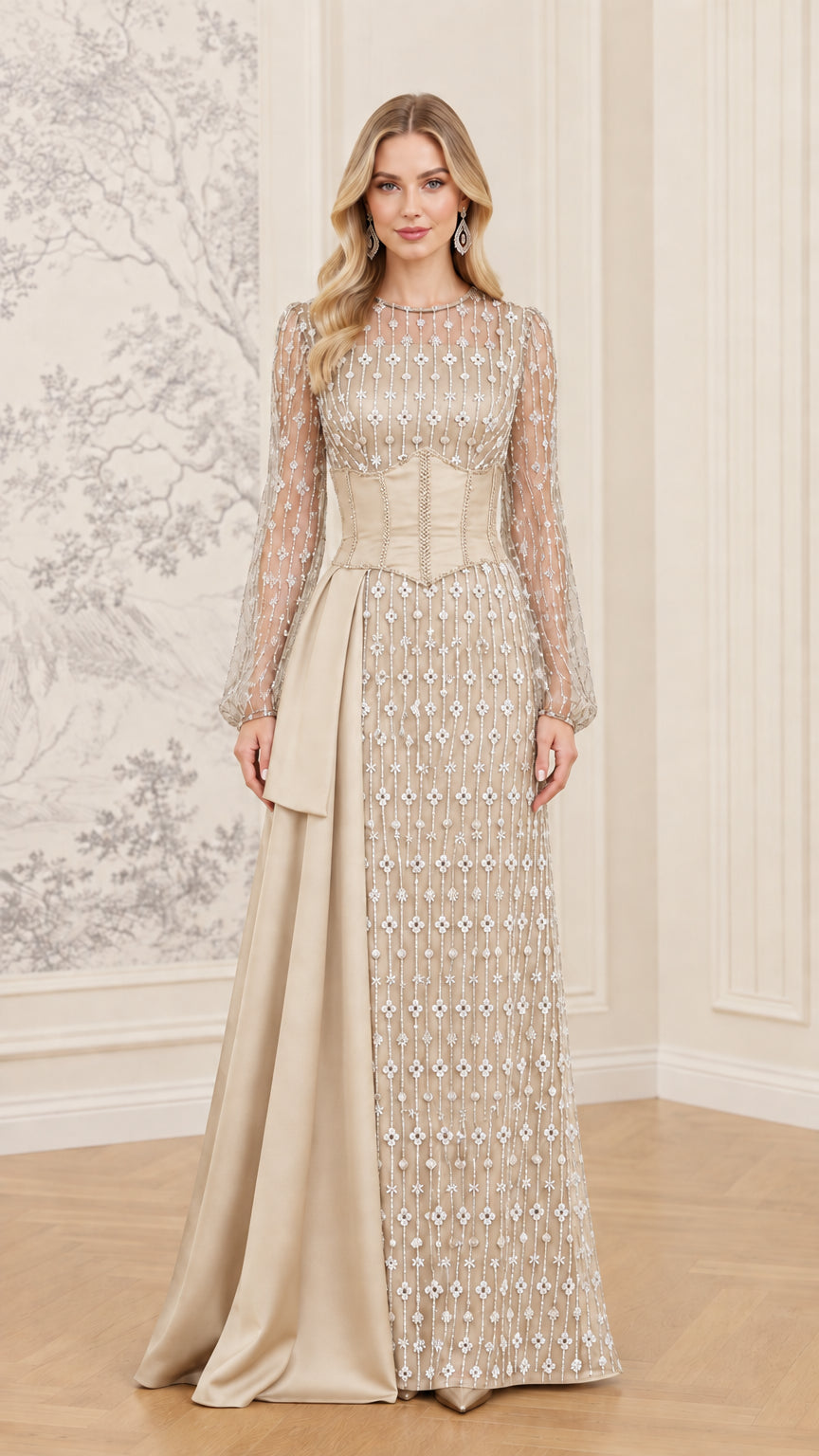 Champagne gold sparkling long sleeve evening gown with corset waist