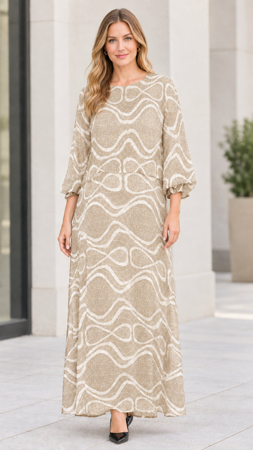 Beige cream abstract wave print long sleeve maxi dress