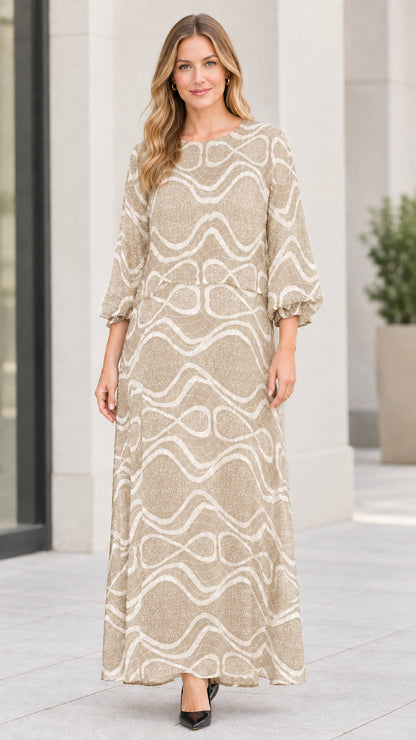 Beige cream abstract wave print long sleeve maxi dress