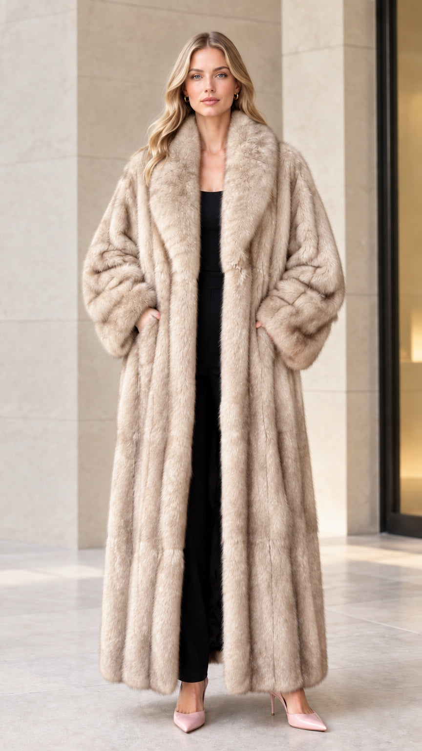 Full-length front view of beige plush faux fur maxi coat