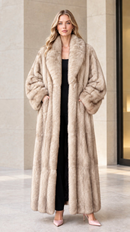 Full-length front view of beige plush faux fur maxi coat