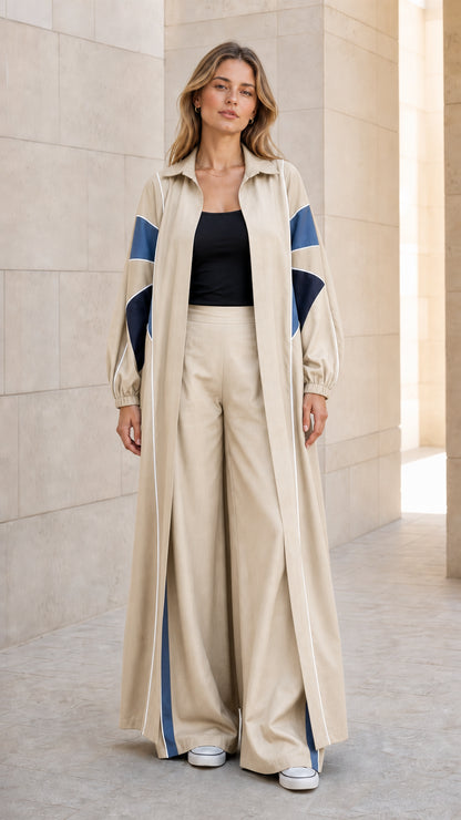 Beige colorblock maxi duster and wide leg trousers set