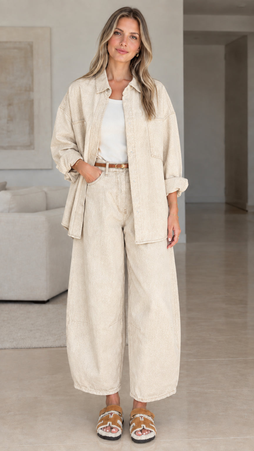 Women's relaxed fit button-down shirt and wide-leg trousers set in beige