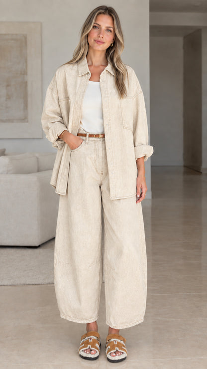Women's relaxed fit button-down shirt and wide-leg trousers set in beige