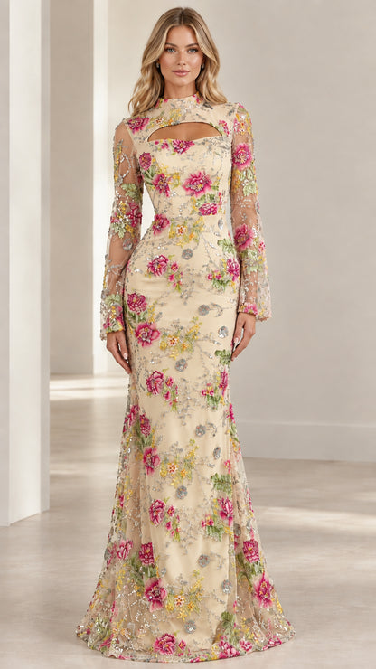 Front view of Champagne cream floral sequined long sleeve mermaid formal dress