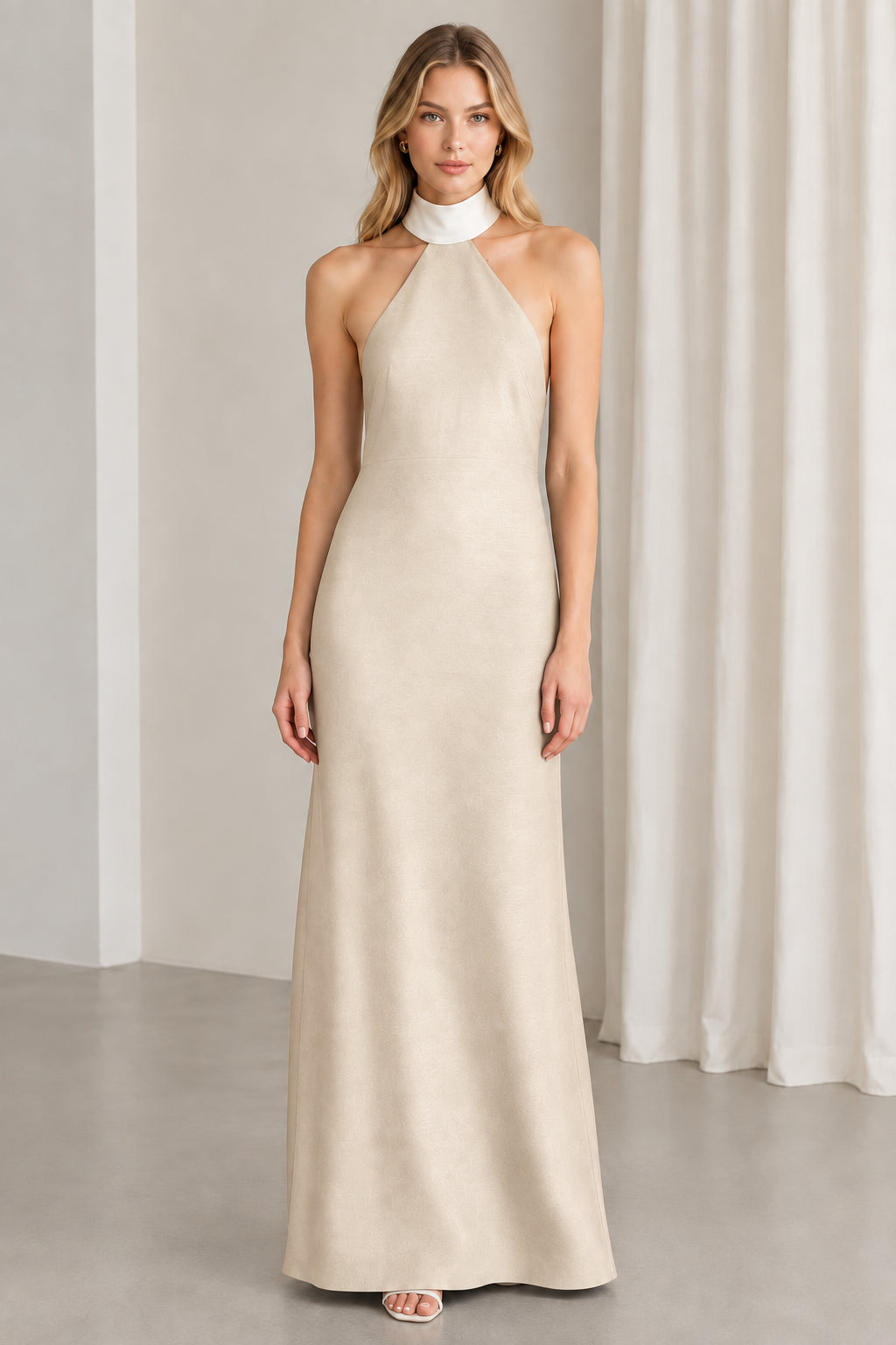 Champagne beige halter neck evening gown with white collar accent