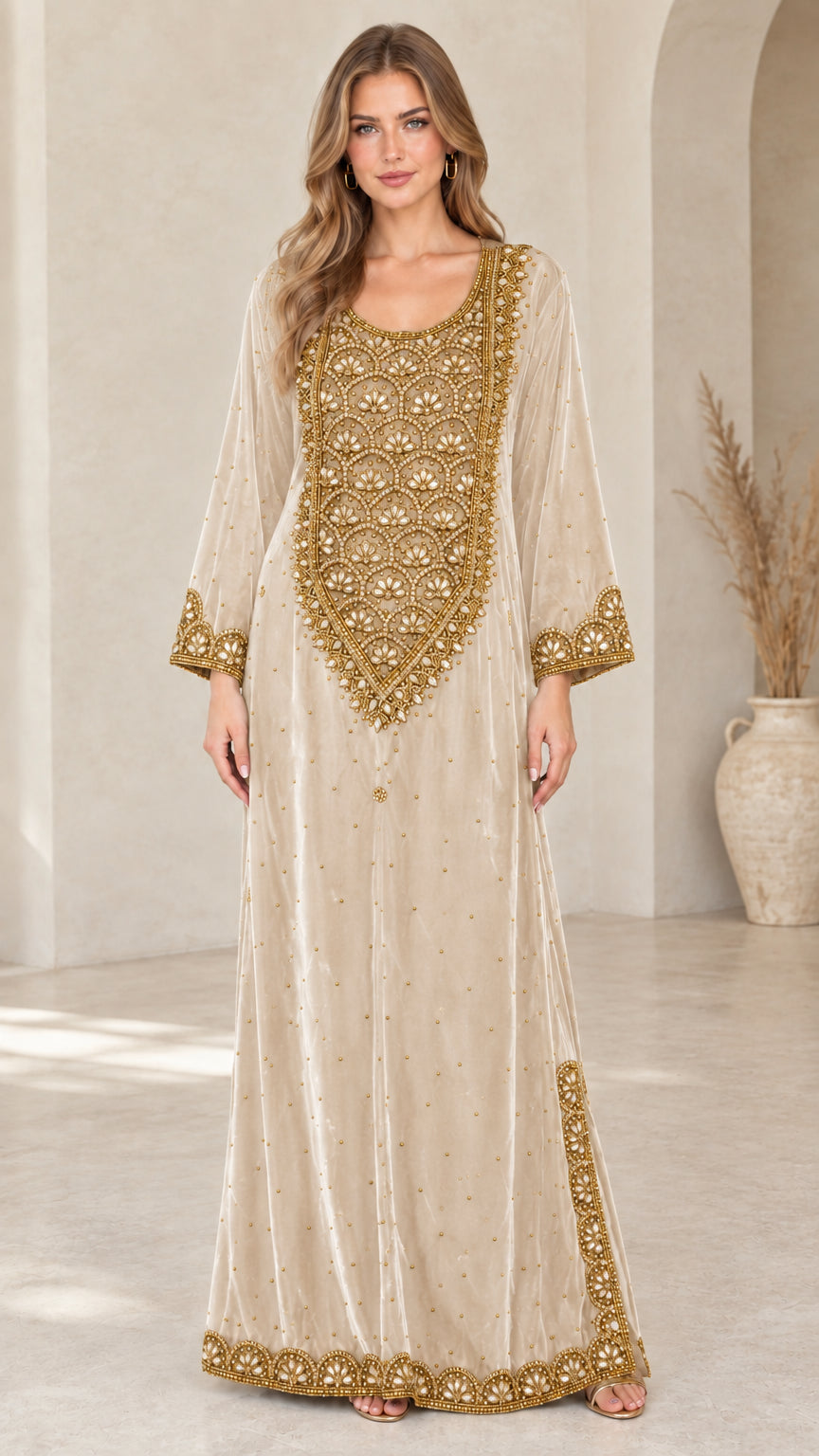 Champagne beige velvet embroidered kaftan maxi dress