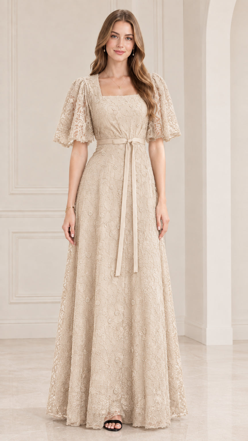 Front view of model wearing champagne beige square neck lace evening dress