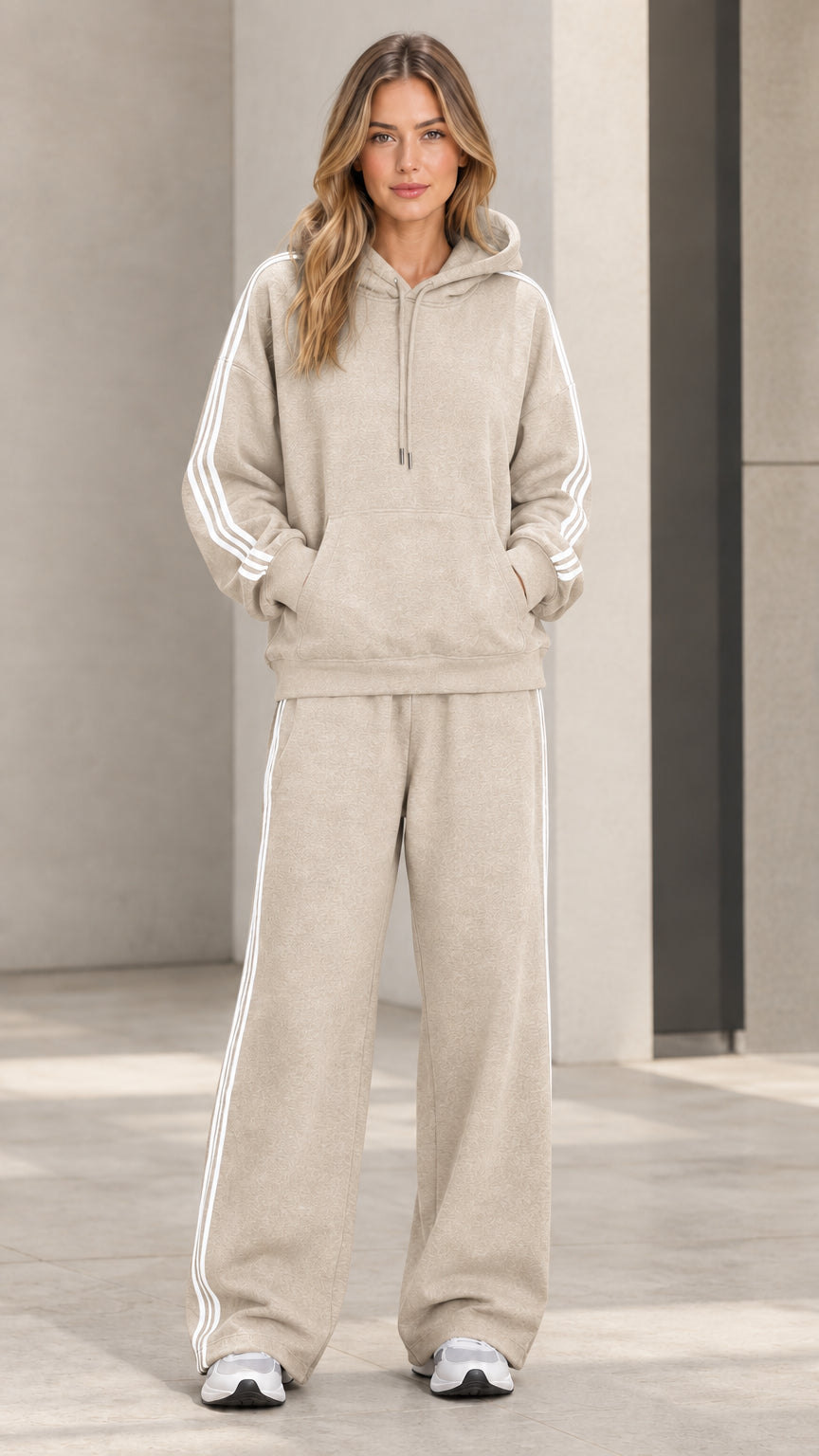 Model wearing heather beige 2-piece striped hoodie and wide-leg sweatpants set