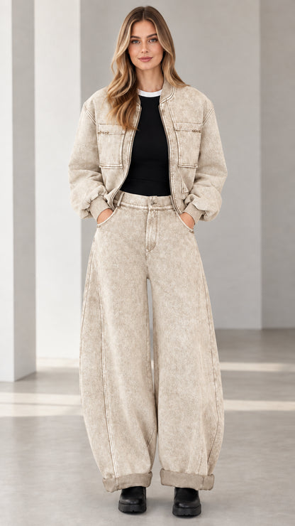 Full front view of washed sand beige denim bomber jacket and wide leg pants set