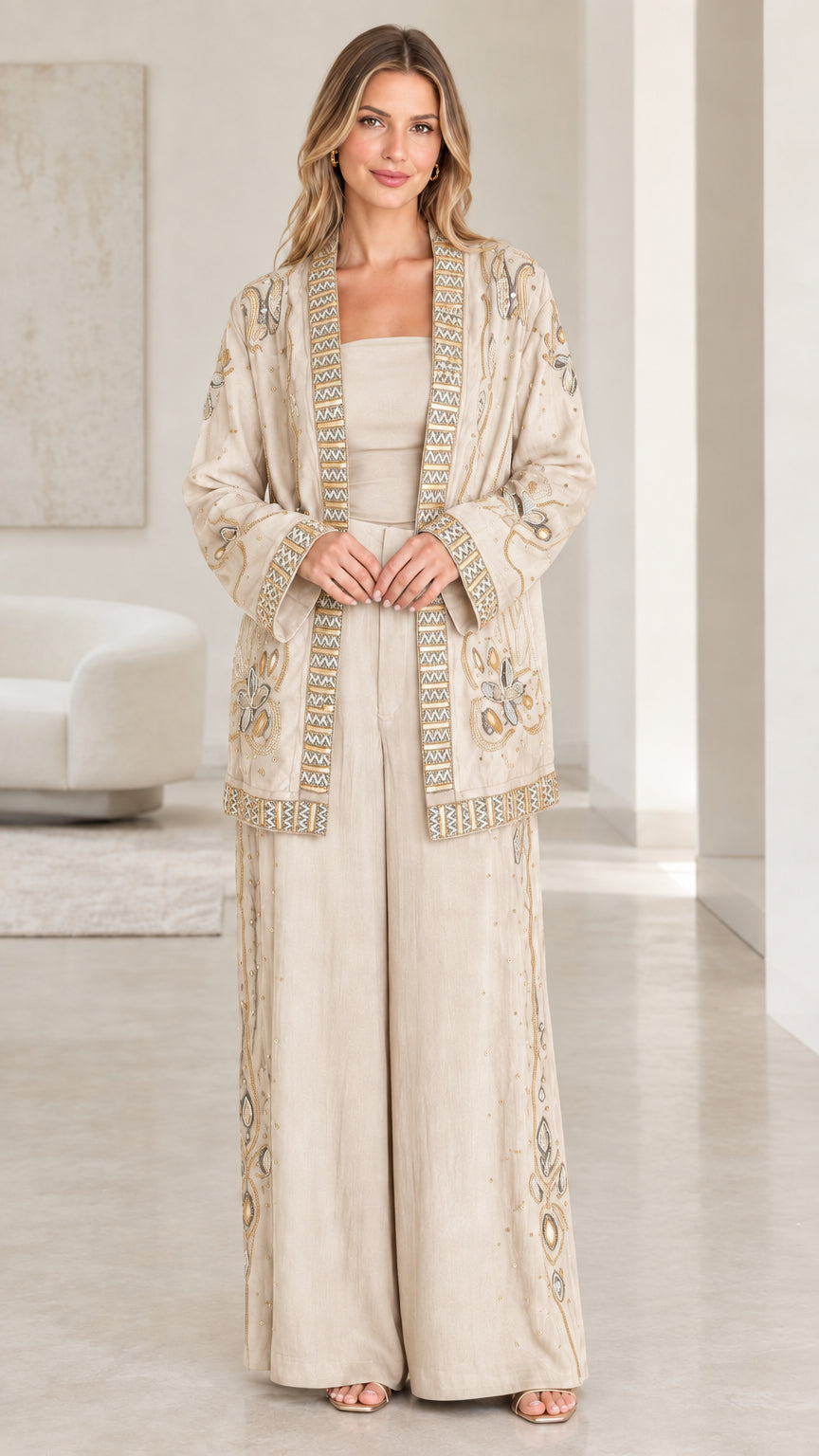 Front full-length view of champagne beige embroidered evening pant suit set