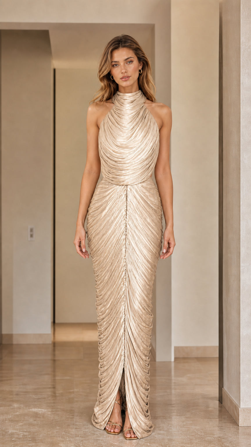 Front view of high neck pleated shimmer maxi dress in champagne gold