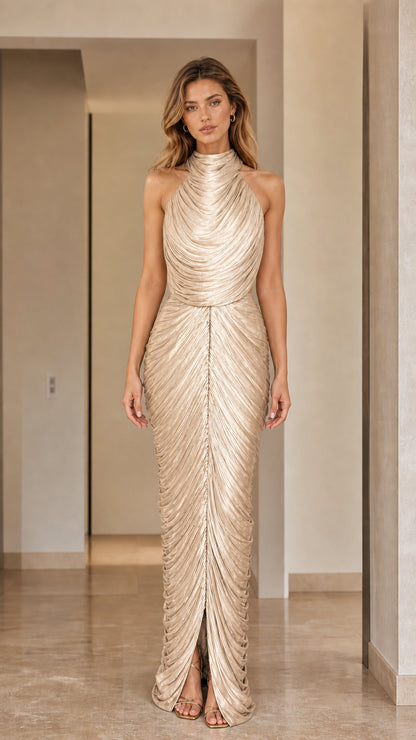 Front view of high neck pleated shimmer maxi dress in champagne gold