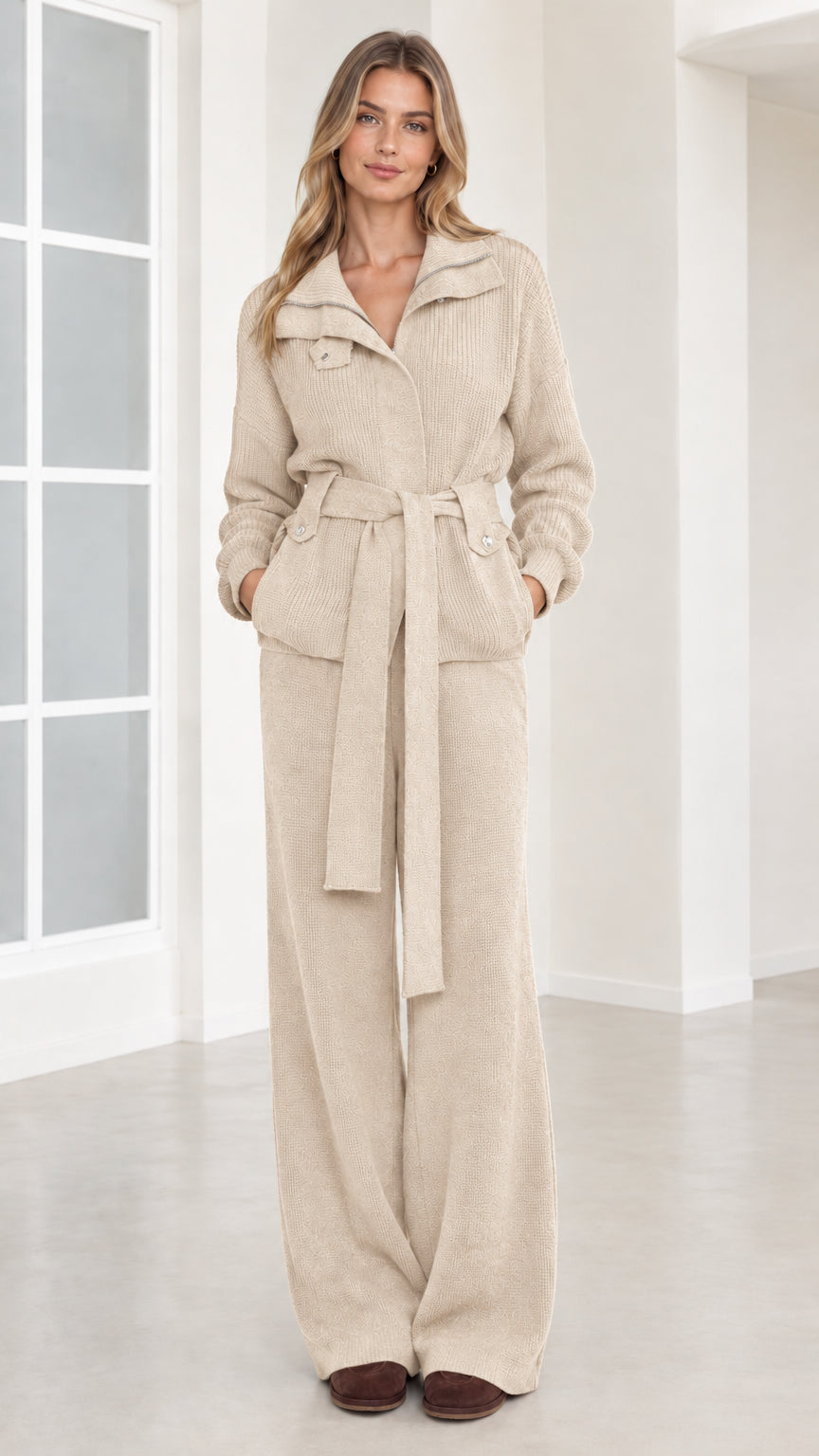Front view of woman wearing beige ribbed knit belted two-piece set