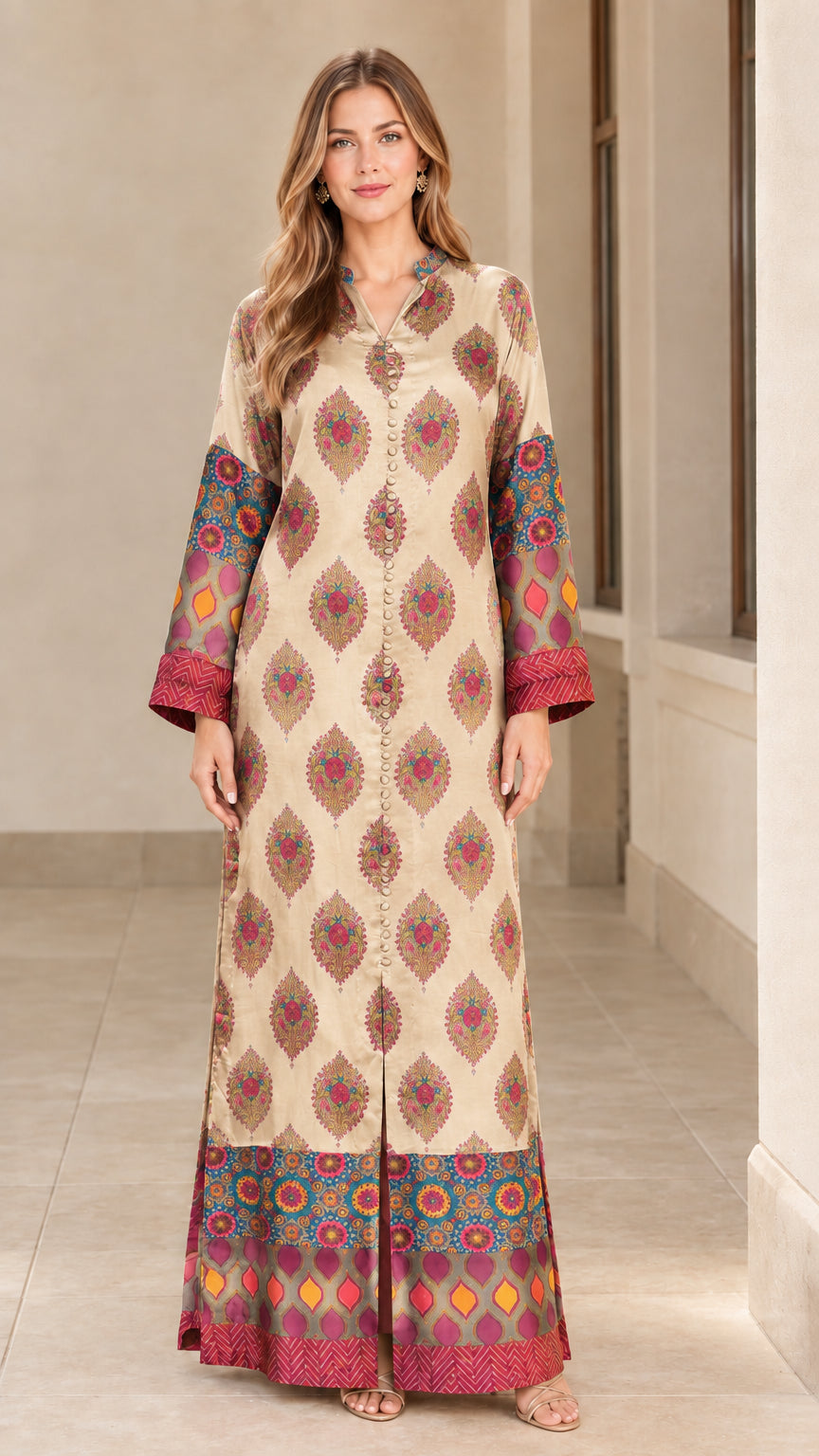 Front view of model wearing Beige champagne bohemian print satin maxi dress