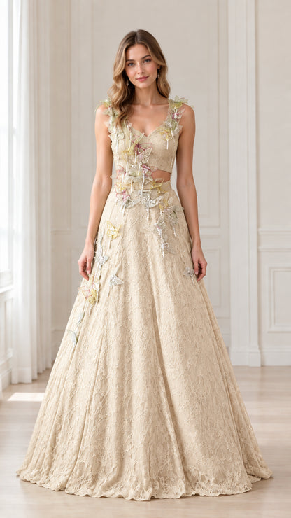 Front view of woman wearing Champagne 3D butterfly lace cutout evening gown