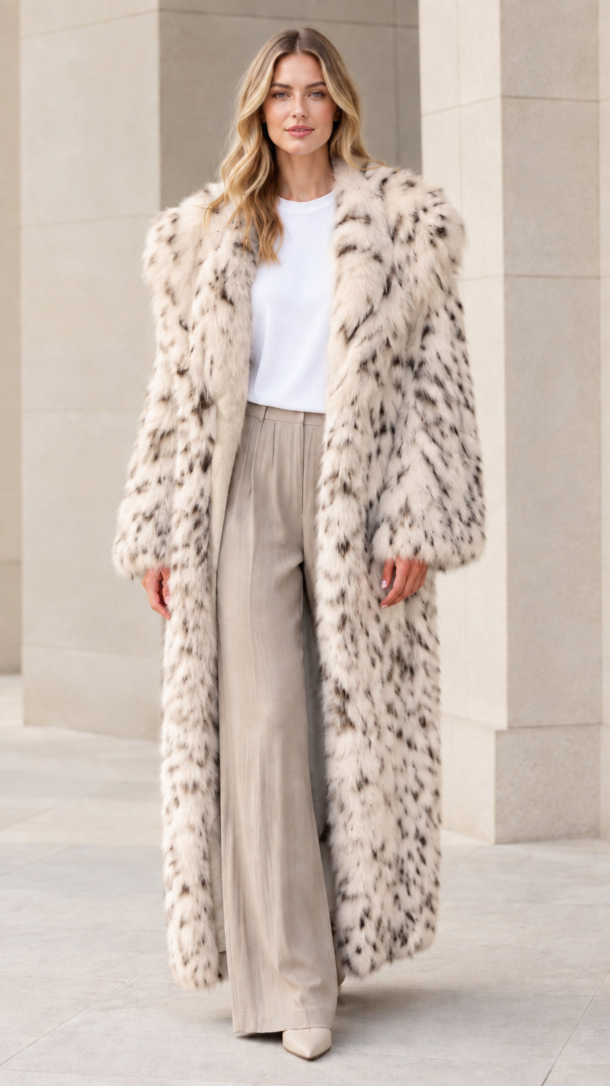 Front view of model wearing cream beige speckled faux fur maxi coat