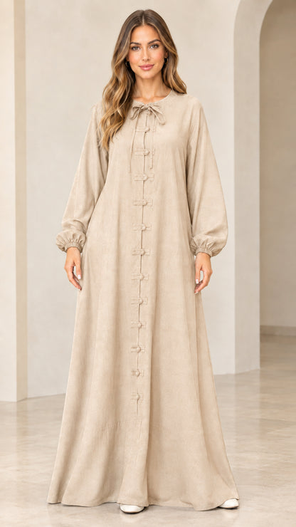 Beige long sleeve tie neck maxi dress