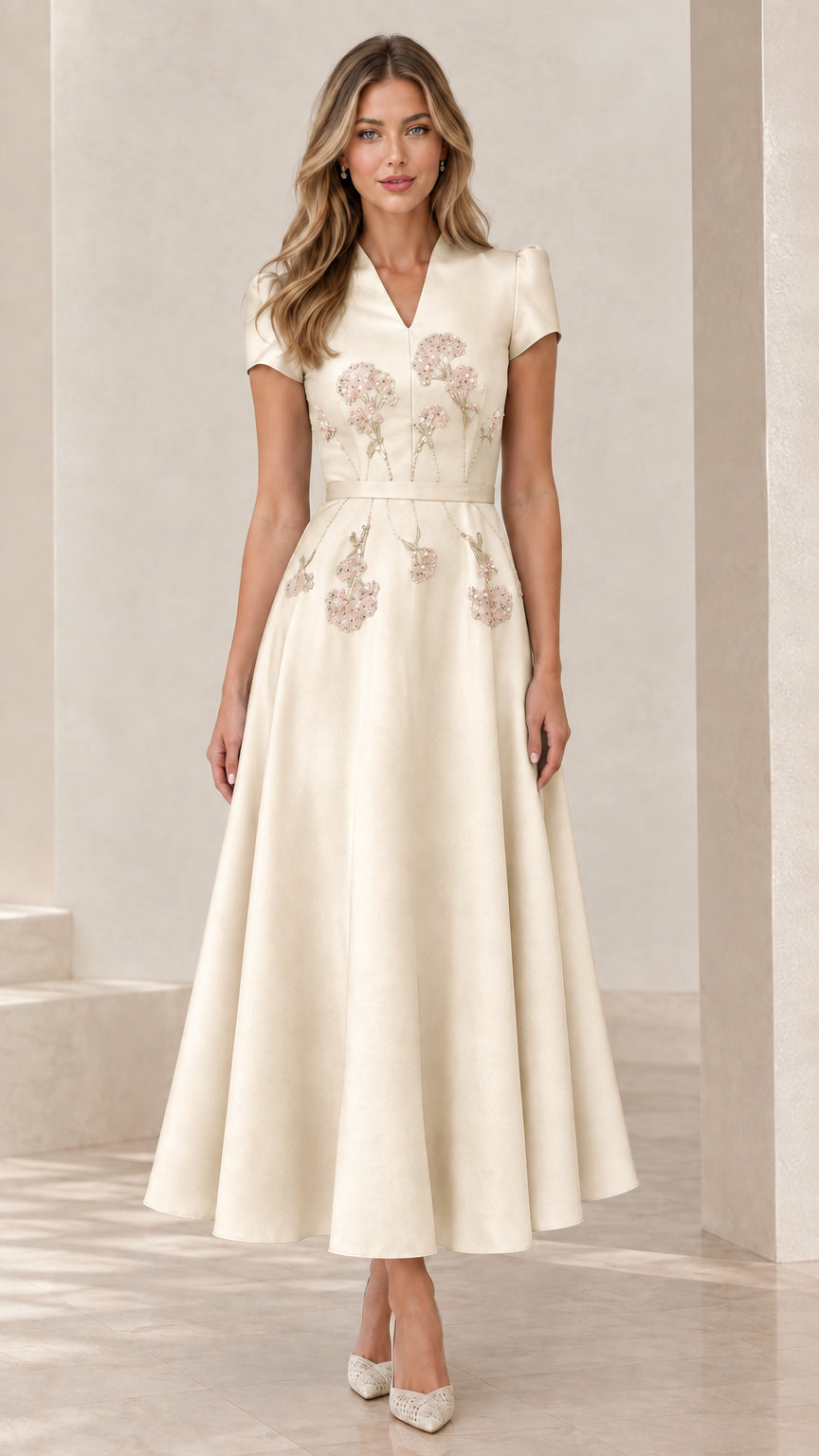 Champagne ivory floral embroidered short sleeve A-line maxi dress