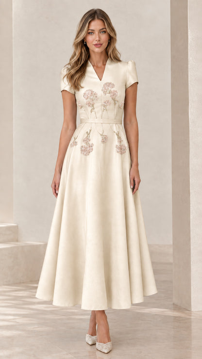 Champagne ivory floral embroidered short sleeve A-line maxi dress