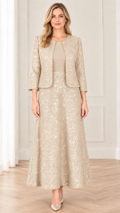 Front view of champagne beige floral lace two-piece maxi dress with beaded jacket