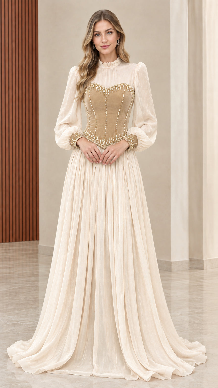 Model wearing champagne cream chiffon evening dress with gold-toned corset bodice