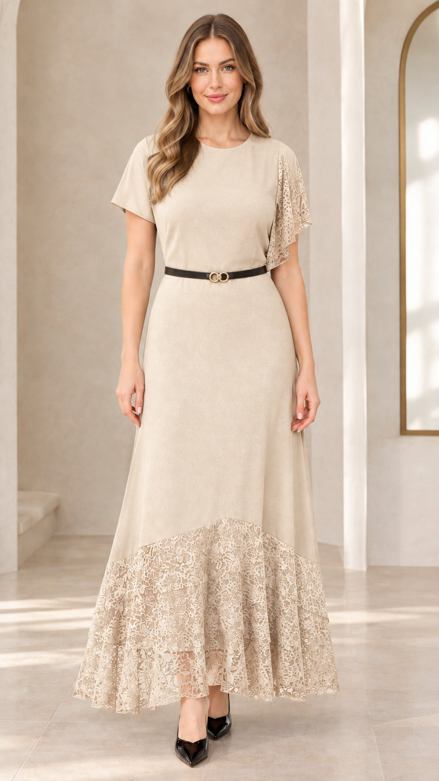Full front view of champagne beige lace patchwork belted maxi dress