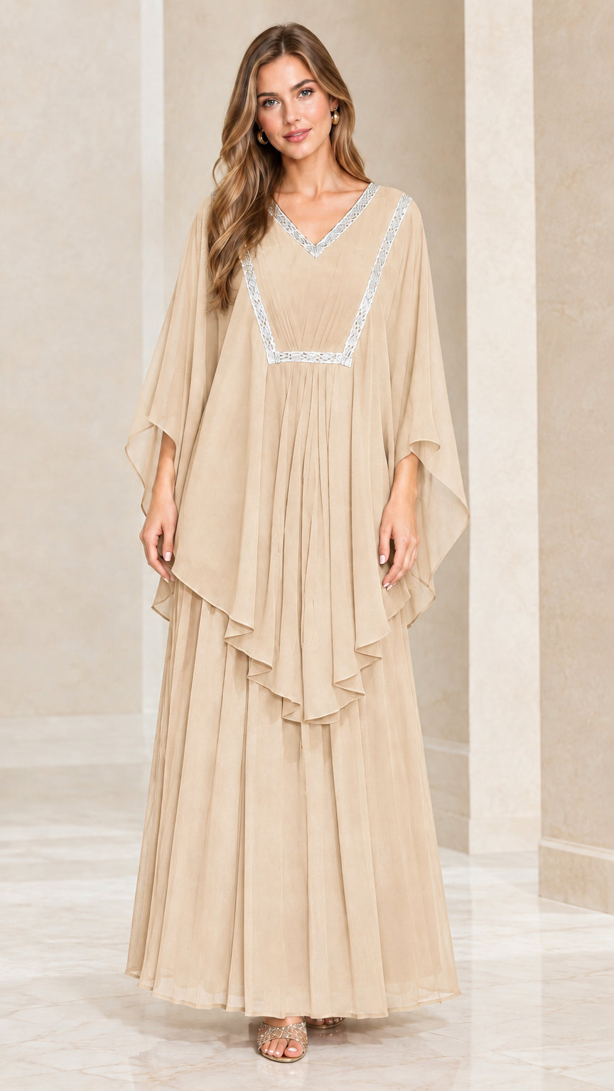 Beige champagne layered kaftan maxi dress with embroidered neckline