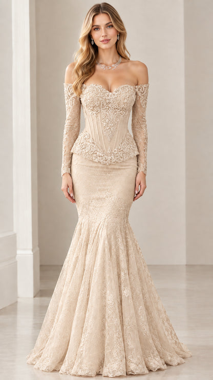 Front view of champagne beige off-the-shoulder lace mermaid formal gown
