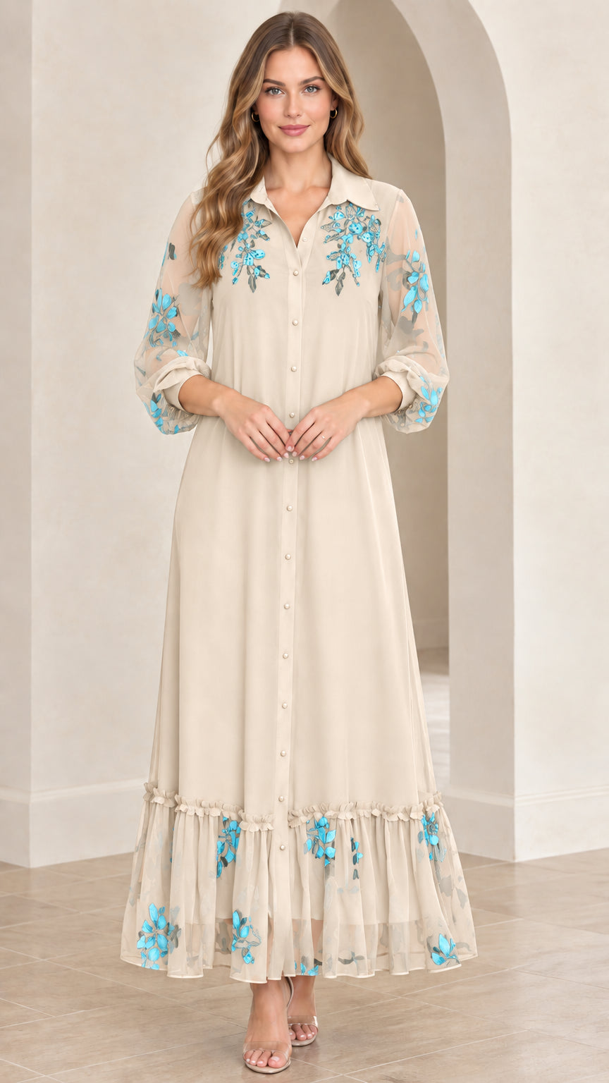 Beige cream button-down maxi dress featuring turquoise floral embroidery
