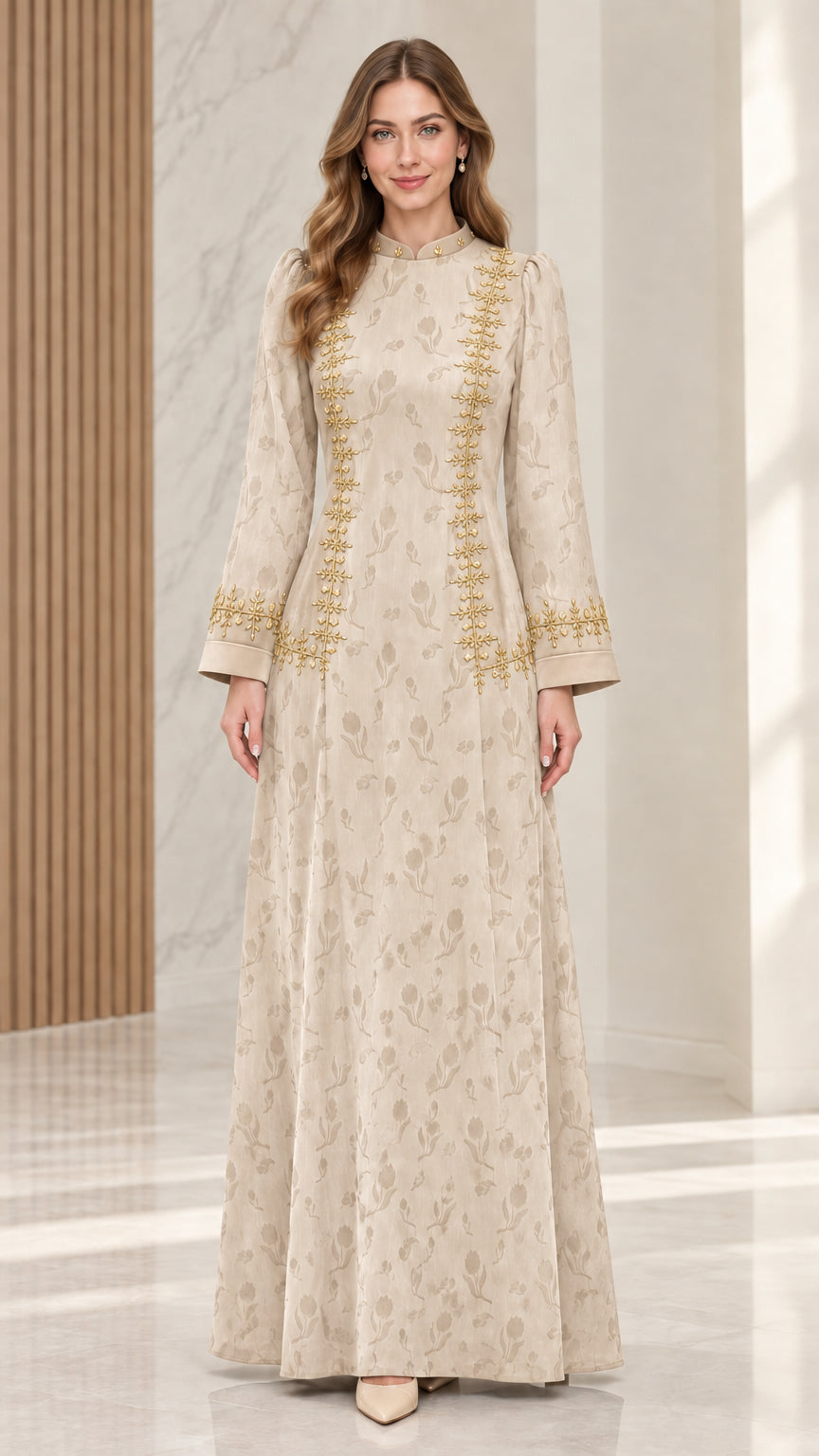 Champagne beige embroidered floral jacquard long evening dress