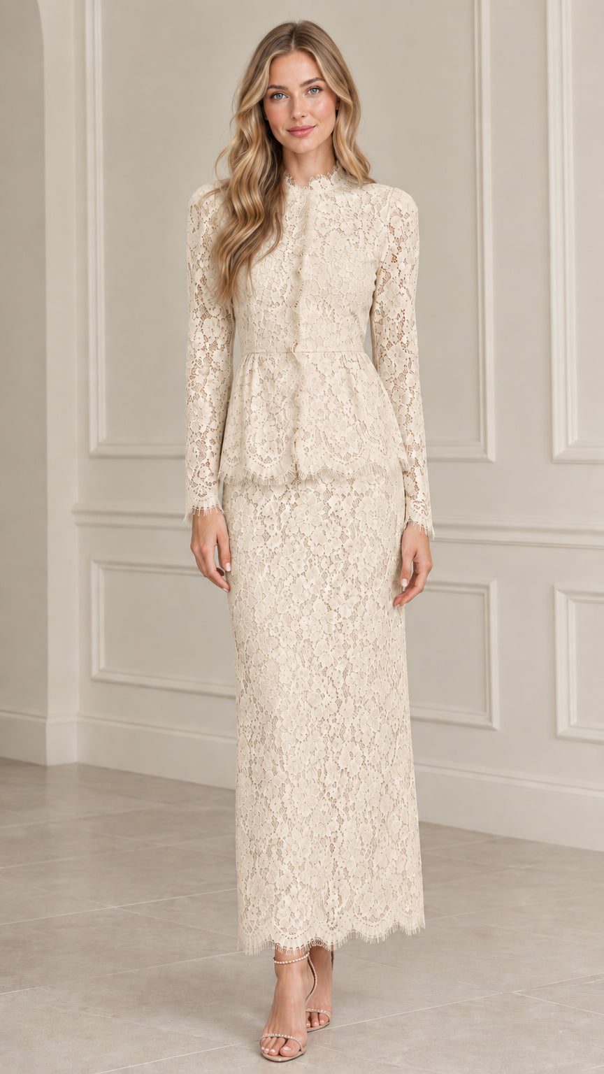 Front view of model wearing Cream off-white floral lace peplum maxi dress