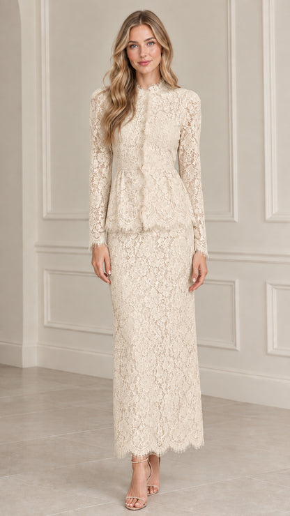 Front view of model wearing Cream off-white floral lace peplum maxi dress
