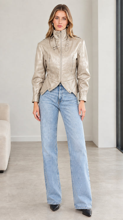 Front view of model wearing champagne metallic faux leather moto jacket