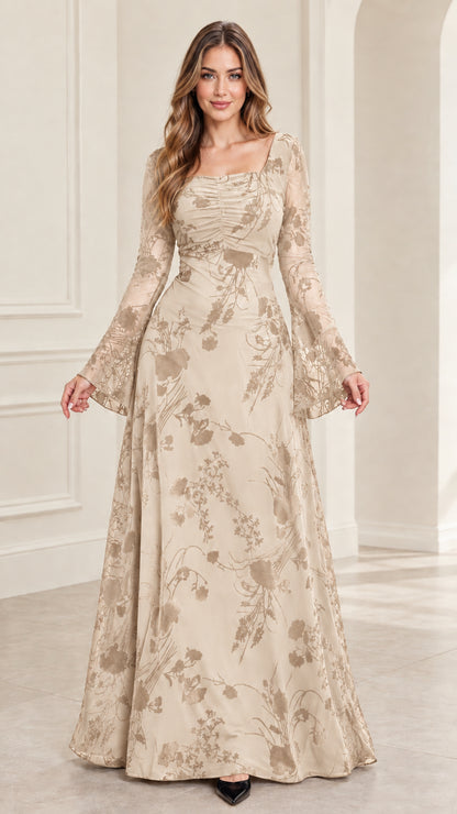 Front view of model wearing champagne beige floral burnout bell sleeve maxi dress