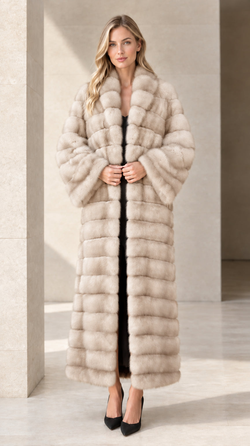 Model wearing cream beige horizontal paneled faux fur maxi coat