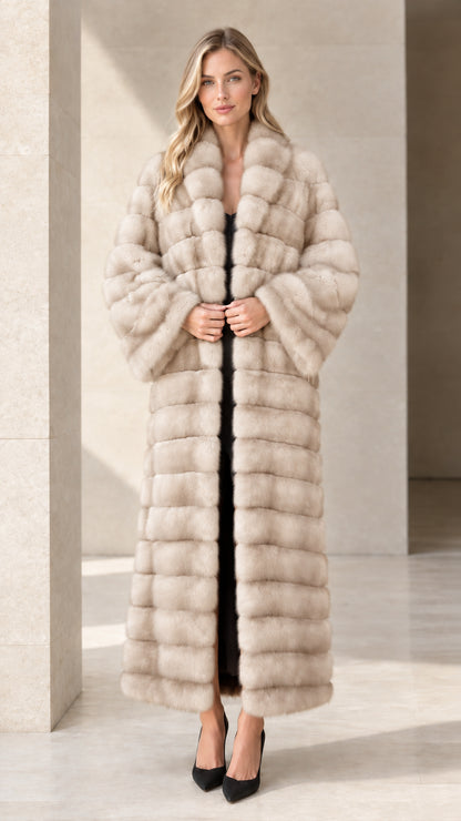 Model wearing cream beige horizontal paneled faux fur maxi coat