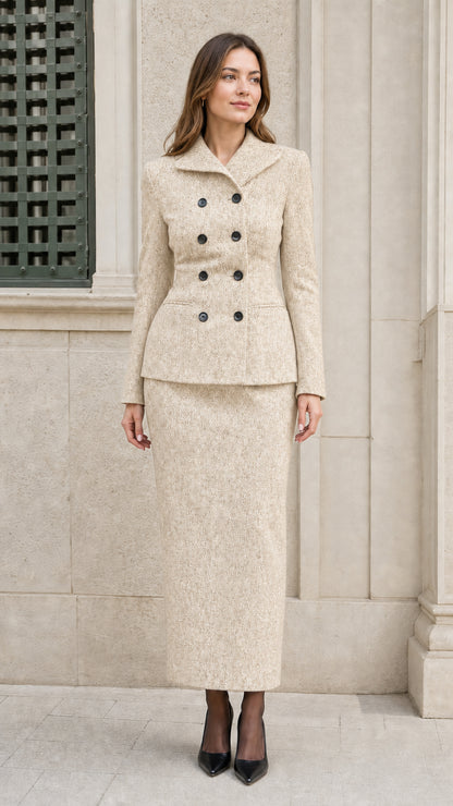 Woman wearing Cream double-breasted tweed blazer and matching maxi skirt suit