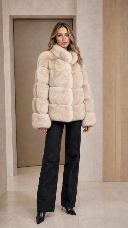 Model wearing cream off-white paneled faux fur plush coat