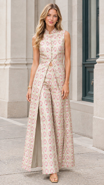 Front view of model wearing Champagne gold jacquard sleeveless maxi overlay jumpsuit