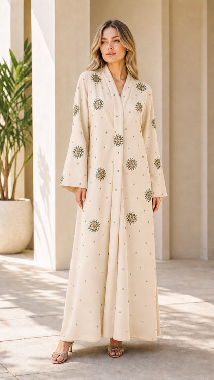 Front view of cream beige embellished elegant modest maxi dress