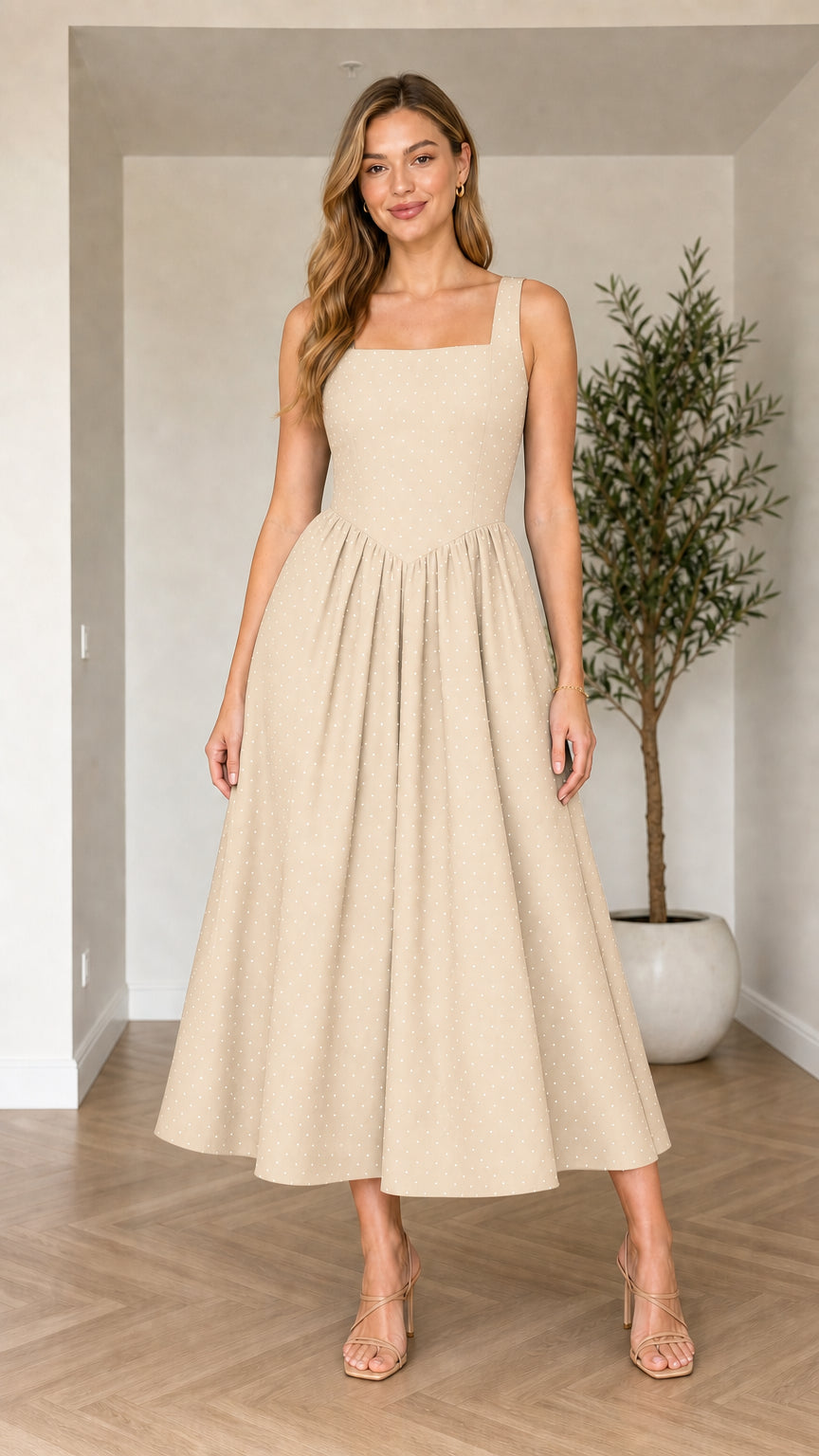 Front view of model wearing beige cream polka dot square neck midi dress