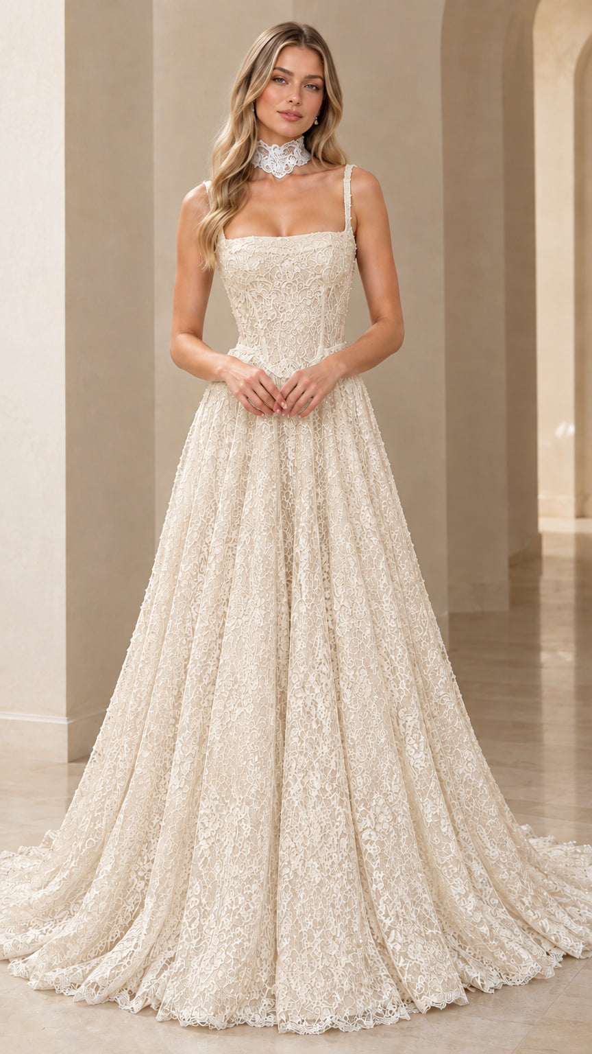 Front view of champagne ivory lace evening gown