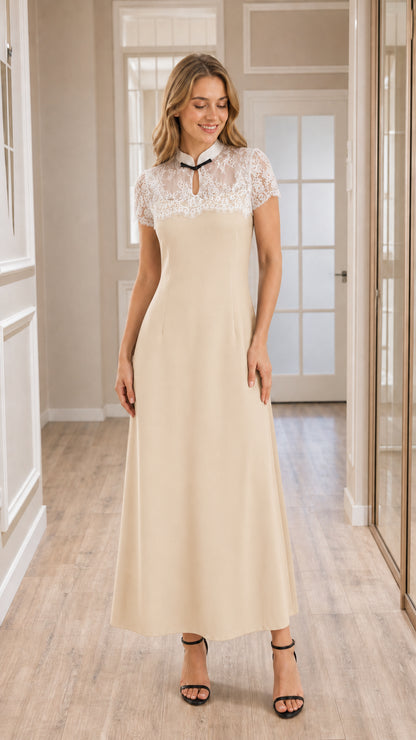 Front view of model wearing champagne beige lace yoke A-line maxi dress