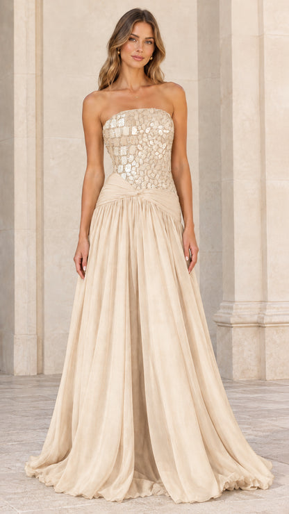 Front view of strapless embellished evening dress in Champagne