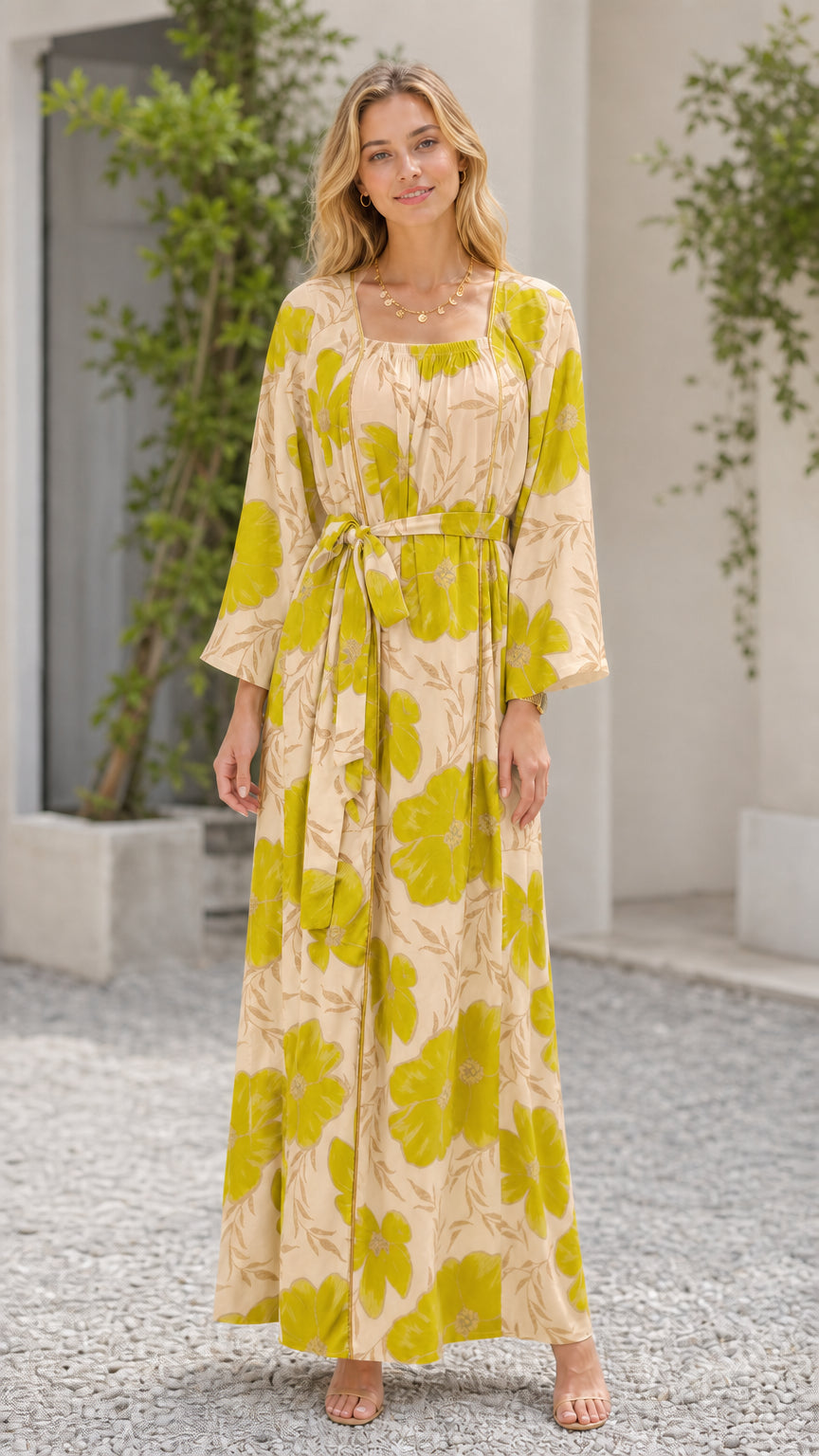 Beige floral print belted square neck maxi dress