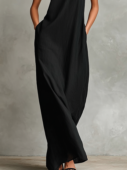 Women's Black Linen-Blend Maxi Dress With High Neck & Side Pockets, Timeless Minimalist Casual Dress MDZ2597D7LYL