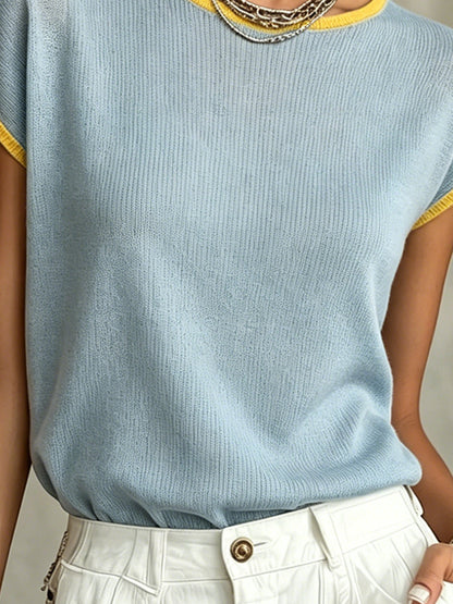 Sky Blue Knit Top with Yellow Trim