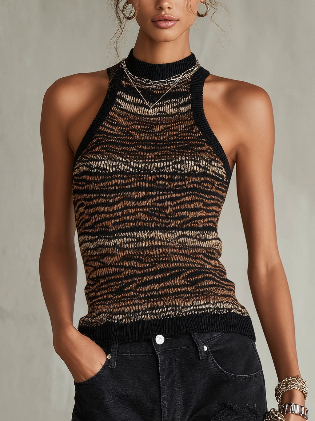 Zebra Print Multicolor Knit Sleeveless Halter Top
